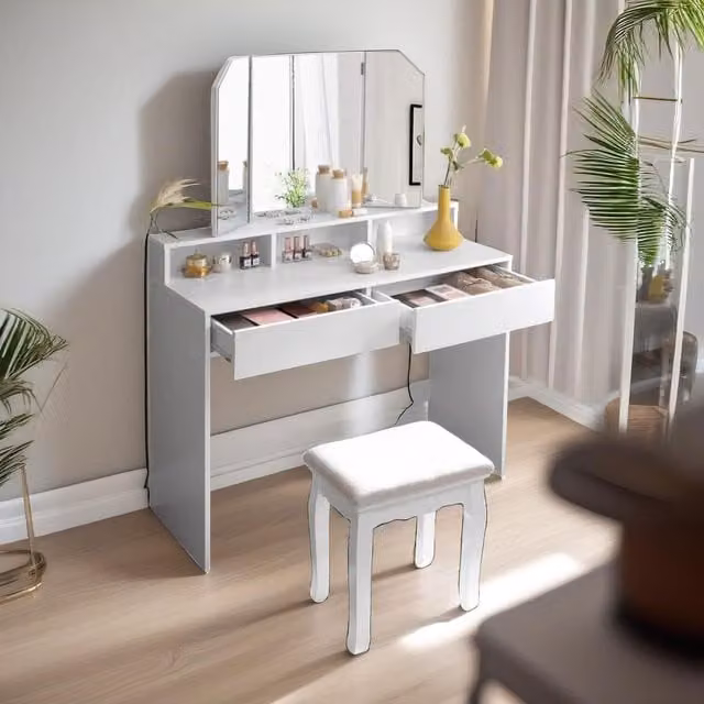 FURNOS Modern 2 Drawer Dressing Table with Tri-Fold Mirror in White – 1