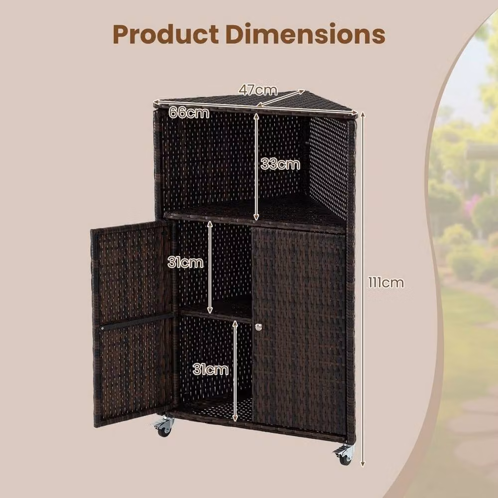 Kelvenix Brown PE Rattan Corner Bar Cart with Hinged Doors and Castors – 2