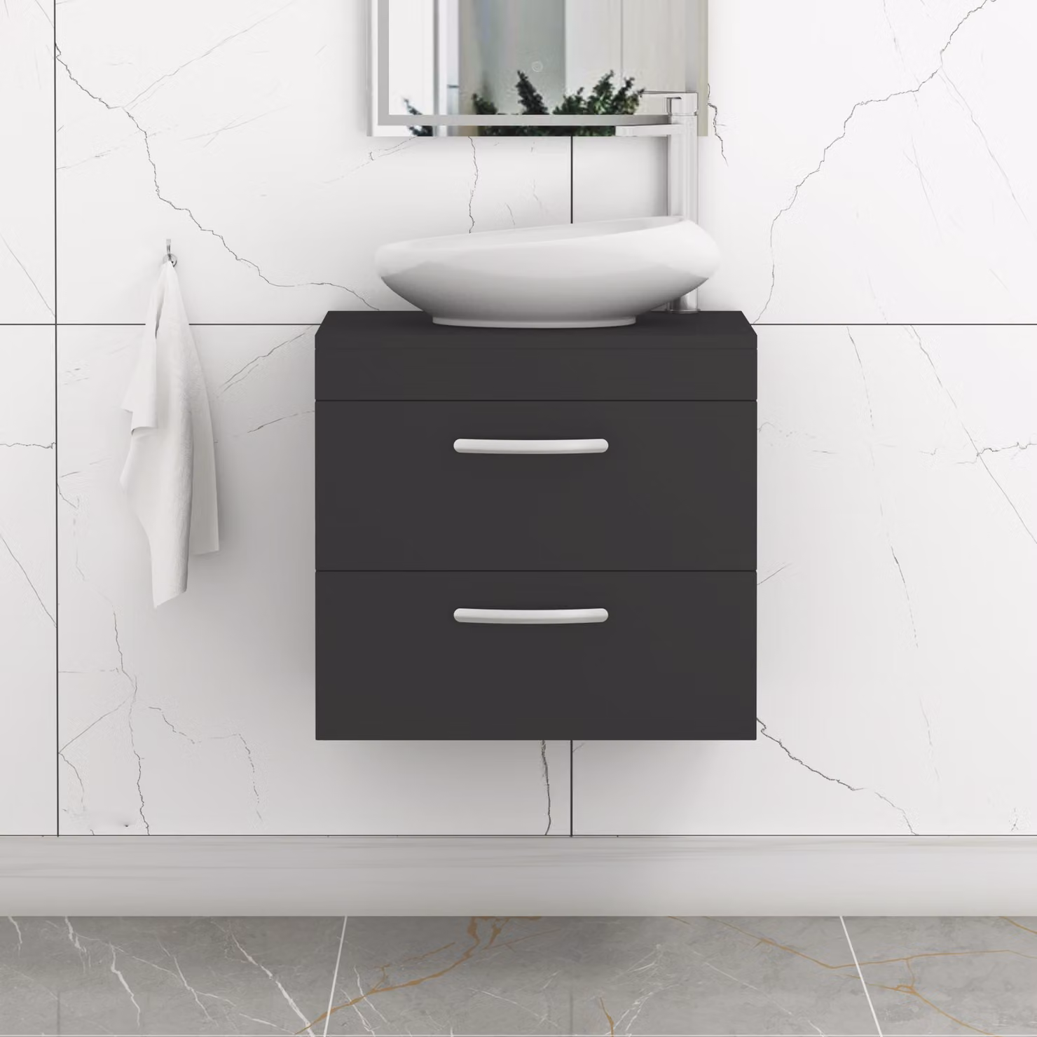 Royal Bathrooms Turin 500mm Wall Hung Vanity Unit with 2 Drawers and Countertop Basin in Matt Black with Brushed Brass Handle