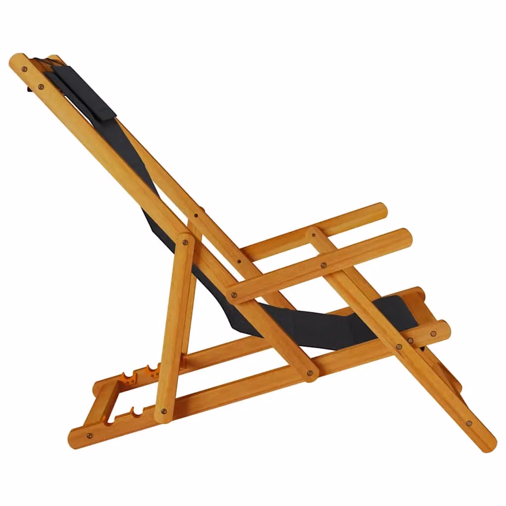 Berkfield Home Folding Beach Chair with Armrests and Adjustable Headrest in Black Acacia Wood and Textilene – 3