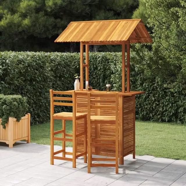 Berkfield Home 3 Piece Rustic Brown Acacia Wood Garden Bar Set – 1