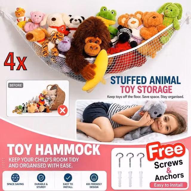 ATEK 4 Pack White Metal Wall Mounted Toy Hammock for Stuffed Animal Storage – 1