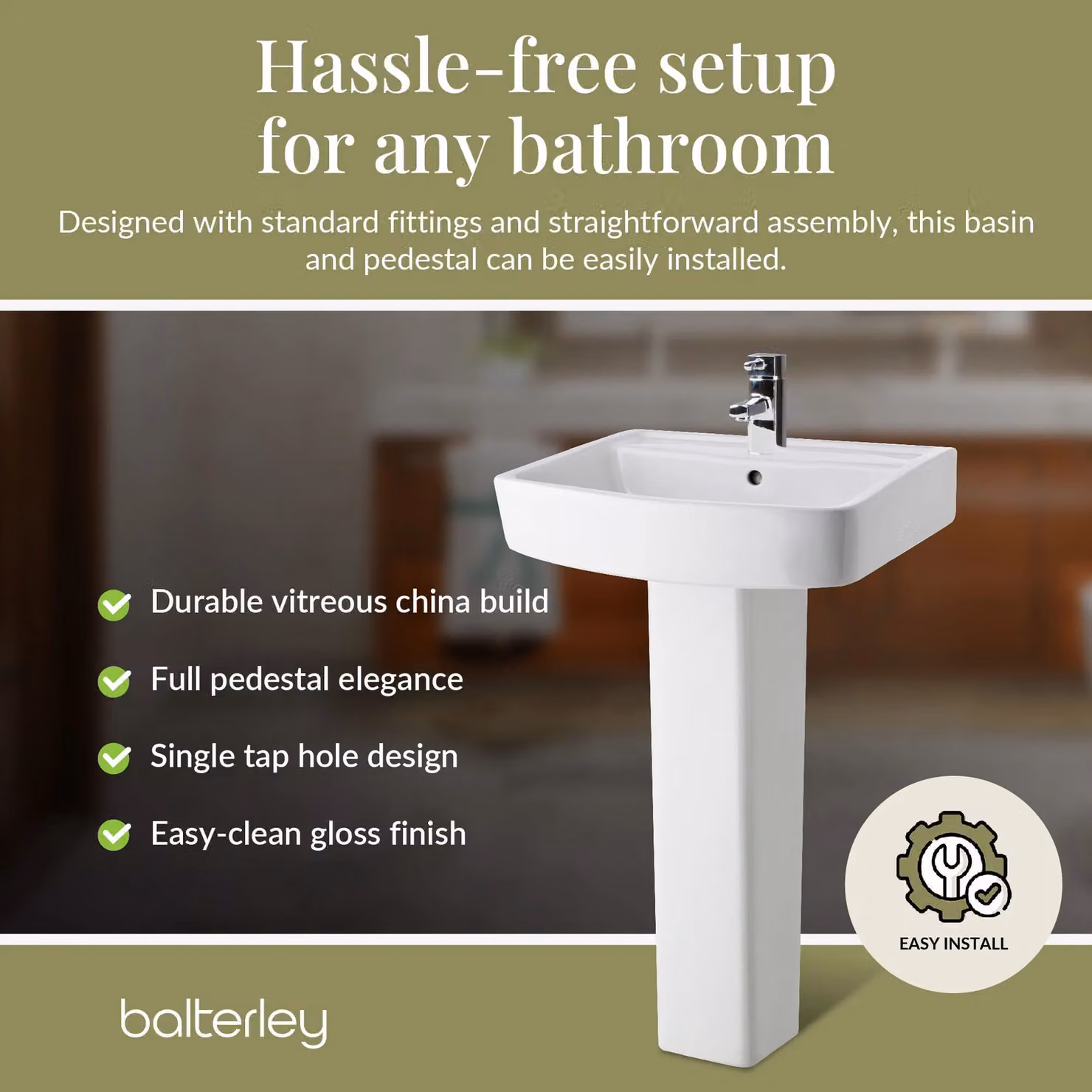 Balterley Square 1 Tap Hole Basin with Full Pedestal, White, W: 52 cm, D: 42 cm, H: 82 cm – 3