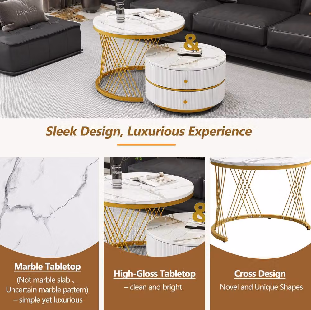 STILVORA Nesting Coffee Table Set with 2 Drawers in White and Gold – 5