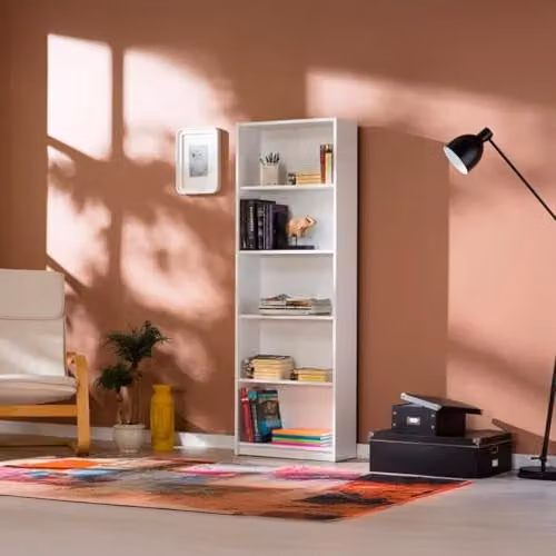 FWStyle Matt White 5 Tier Bookcase, Modern Tall Shelving Unit, H 182 cm x W 64 cm x D 26 cm – 1