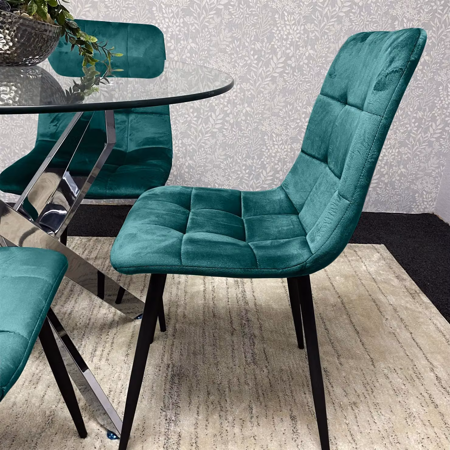 Kosy Koala Modern Round Glass Dining Table and 4 Green Velvet Chairs Set in Brown, Diameter: 90 cm, Height: 75 cm – 3