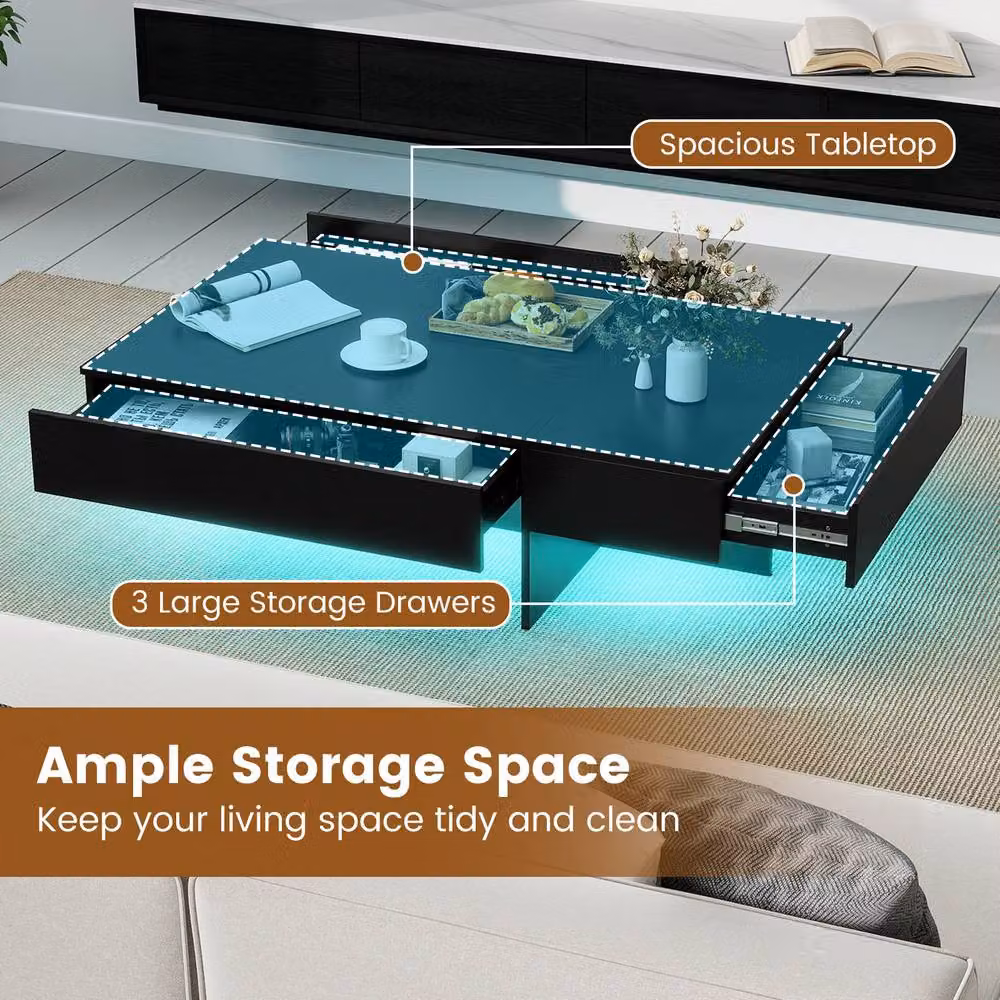 Costway Modern LED Coffee Table with 3 Storage Drawers in Black High-Gloss Finish – 3