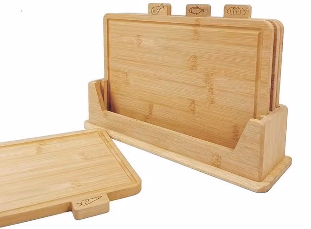 VOGREX 4-Piece Premium Bamboo Chopping Board Set with Storage Rack, Beige – 1