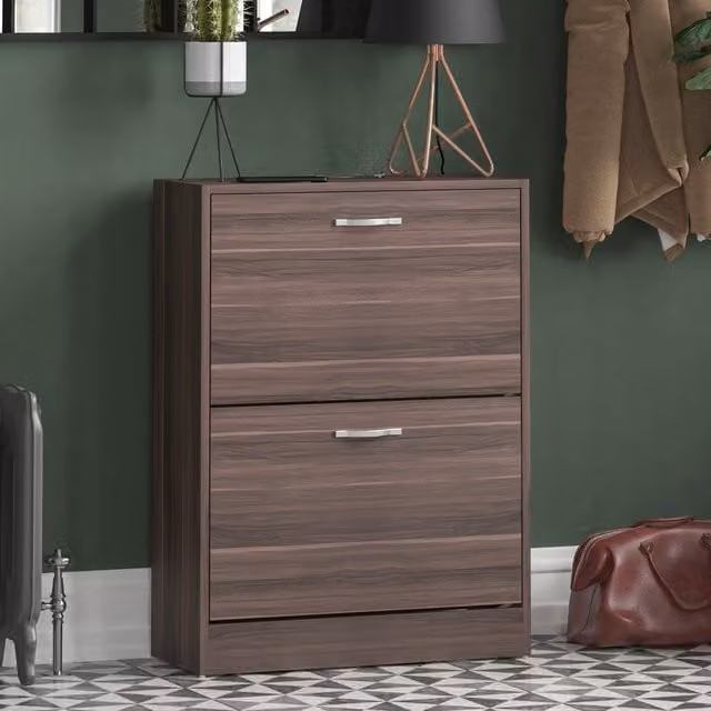 Vida Designs Modern Walnut Shoe Cabinet with Tilting Compartments and Internal Drawers
