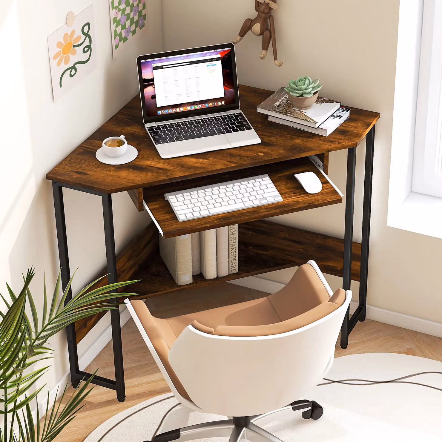 Gymax Industrial Corner Desk Workstation with Power Outlets, Keyboard Tray and Storage Shelf in Brown – 3