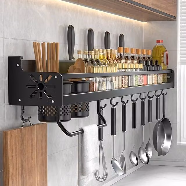 EONLION Wall Mounted Metal Kitchen Spice Storage Rack and Utensil Organiser, Black, Width: 100 cm – 1