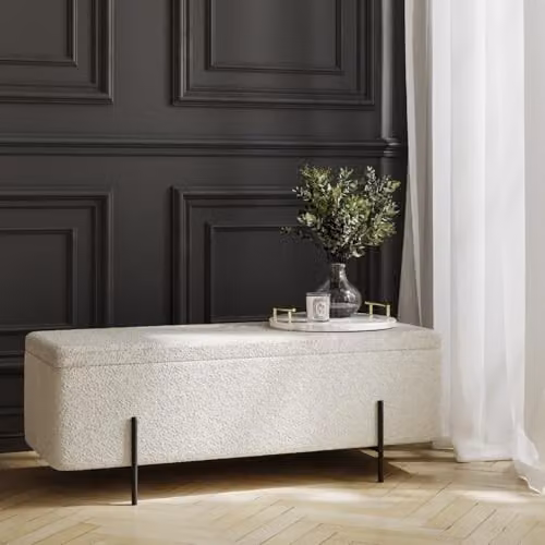 Lemon Pavilion Furniture Lola Storage Ottoman in Ivory Bouclé with Matt Black Metal Legs, W116 x D45 x H45 cm – 2