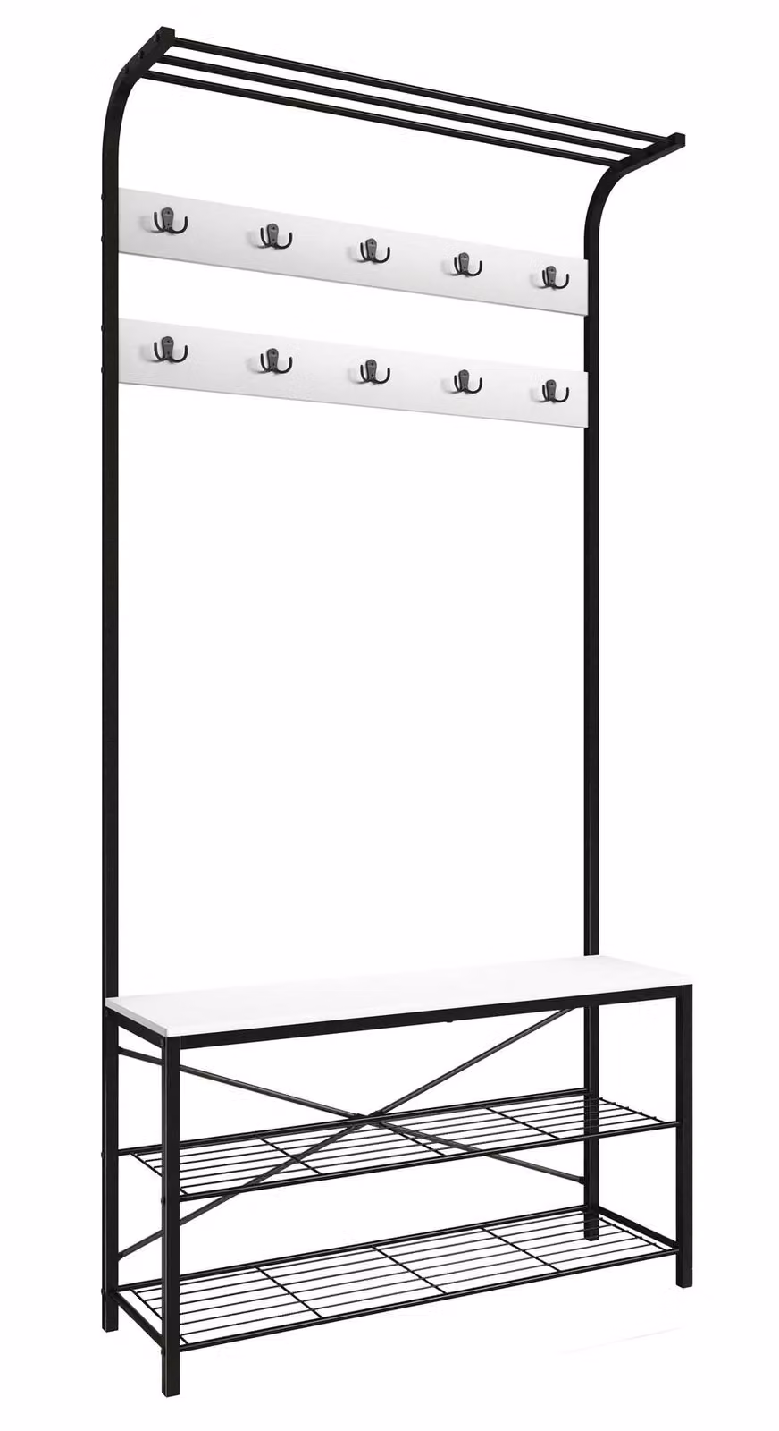 VCM Taliro Industrial Hall Tree with Bench and Shoe Rack, White, H 190 x W 110 x D 30 cm – 2