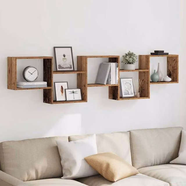 Berkfield Home Wall Mounted Cube Shelf with 5 Compartments in Brown Old Wood Finish, W: 44.0 cm, H: 184.0 cm, D: 18.0 cm