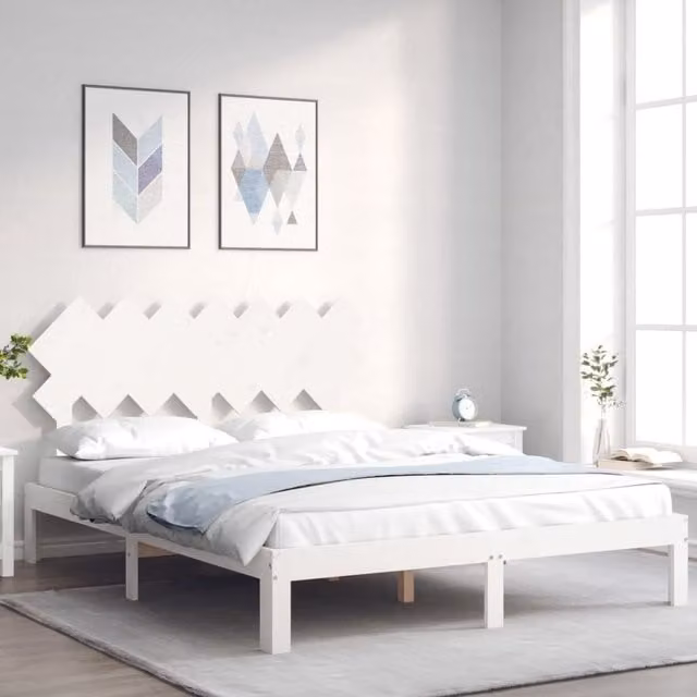 Berkfield Home White Solid Pine Wood Bed Frame with Headboard W/D/H: 140 x 190 cm