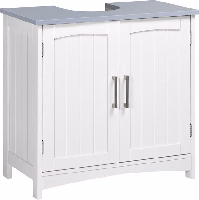 kleankin Compact White Vanity Unit with Double Hinged Doors and Internal Shelves – 1