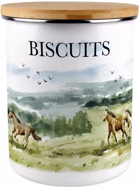 Purely Home Wild Horses Extra Large Airtight Enamel and Metal Biscuit Tin with Bamboo Lid, Green
