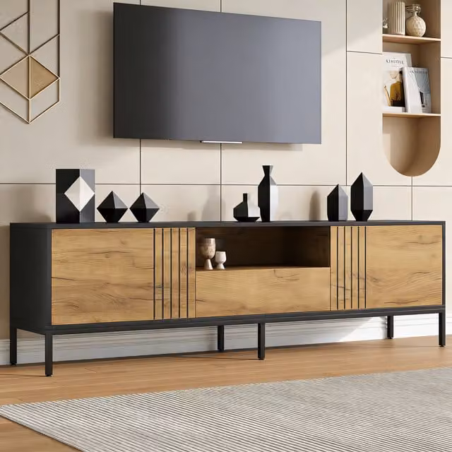 Tokpiedi Minimalist Brown Wood TV Console with 2 Cabinets and 1 Drawer
