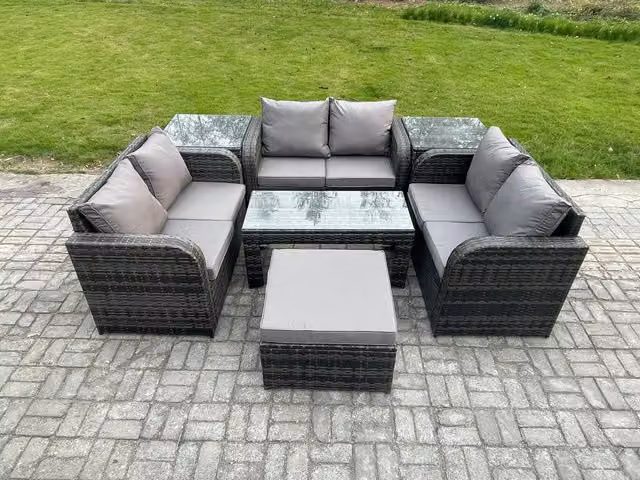 Fimous 7 Seater Rattan Garden Furniture Set in Dark Grey with Upholstered Cushions, Coffee Table, 2 Seater Sofa, 3 Seater Sofa, 2 Side Tables and Ottoman