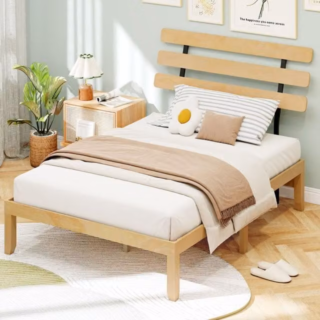 Costway Double Size Solid Wood Platform Bed Frame with Retro Headboard in Natural Brown, 140 x 200 cm