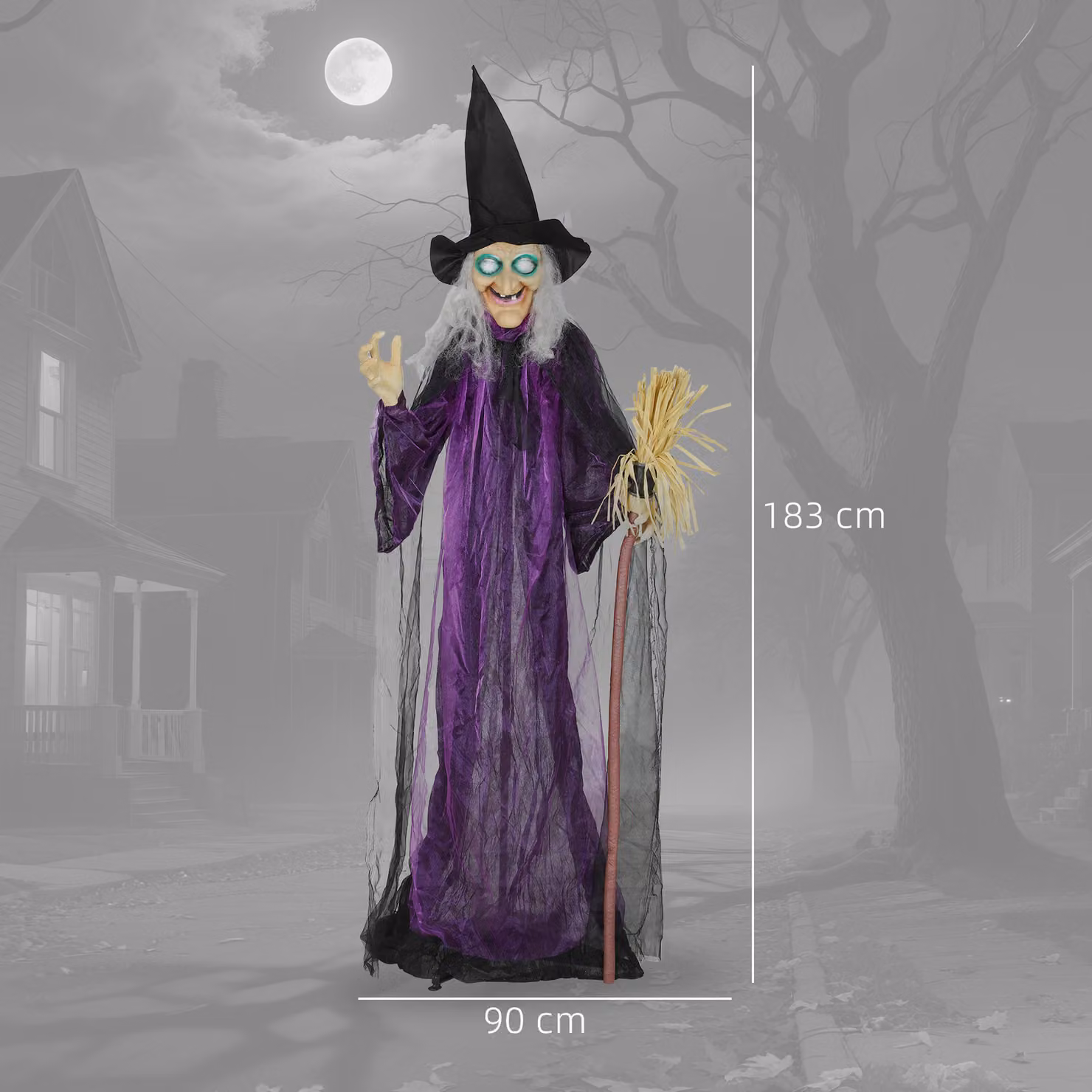 Outsunny Life Size Animated Standing Witch and Broomstick Halloween Decoration with Glowing LED Eyes, Height: 183 cm – 3