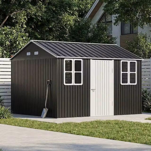 Breeins Metal Garden Storage Shed with Apex Roof and Single Door, Anthracite, W: 365.76 cm, D: 304.8 cm, H: 243.84 cm