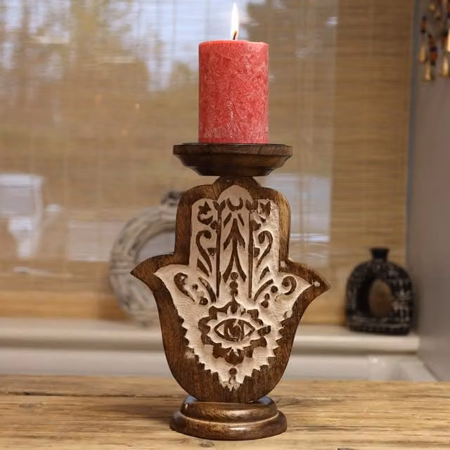 KDMK Hand Carved Mango Wood Hamsa Candle Stand for Tealights or Pillar Candles, Brown