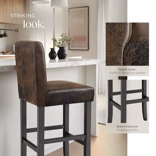 tectake Set of 2 Dover Bar Stools in Antique Brown with Synthetic Leather and Wood Legs – 7