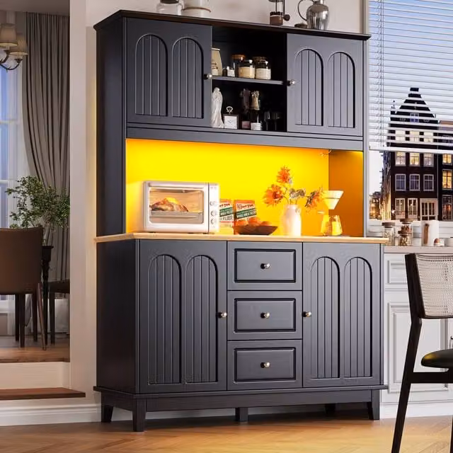 Merax Black Modern Kitchen Pantry Cupboard Cabinet with Integrated LED Lighting, 3 Drawers and Worktop, H 180 x W 120 x D 40 cm – 1