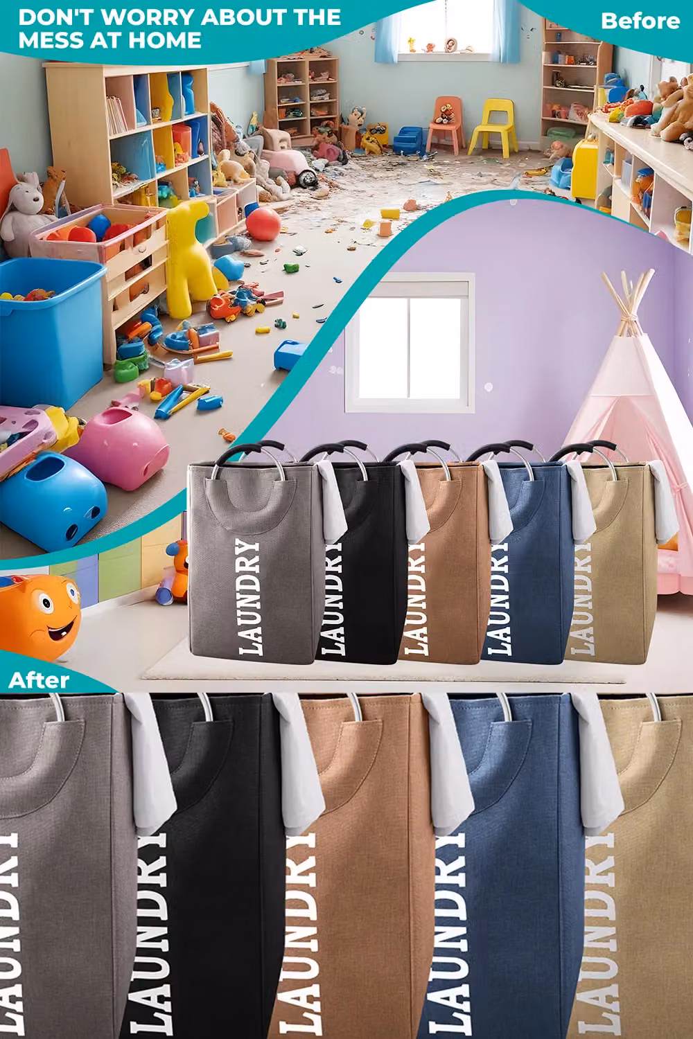 Neel Blue 43L Collapsible Laundry Basket with Handles in Blue and Beige – 5