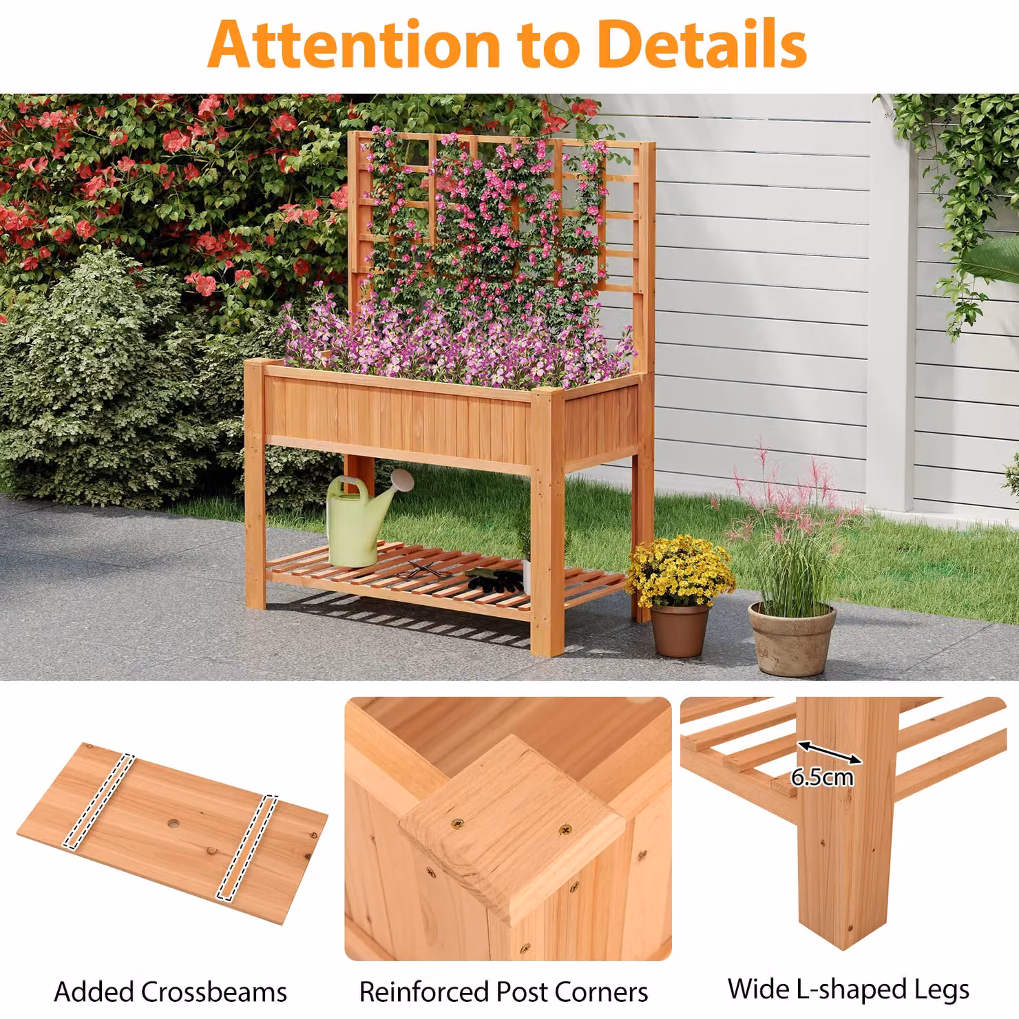 Gymax Wooden Elevated Planter Box with Trellis and Shelf in Brown, W/D/H: 150 x 59 x 109 cm – 2