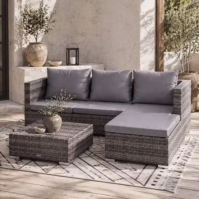 Wyld Haus Sevafa L Shaped Outdoor Corner Sofa Set in Mixed Grey PE Rattan with Cushions