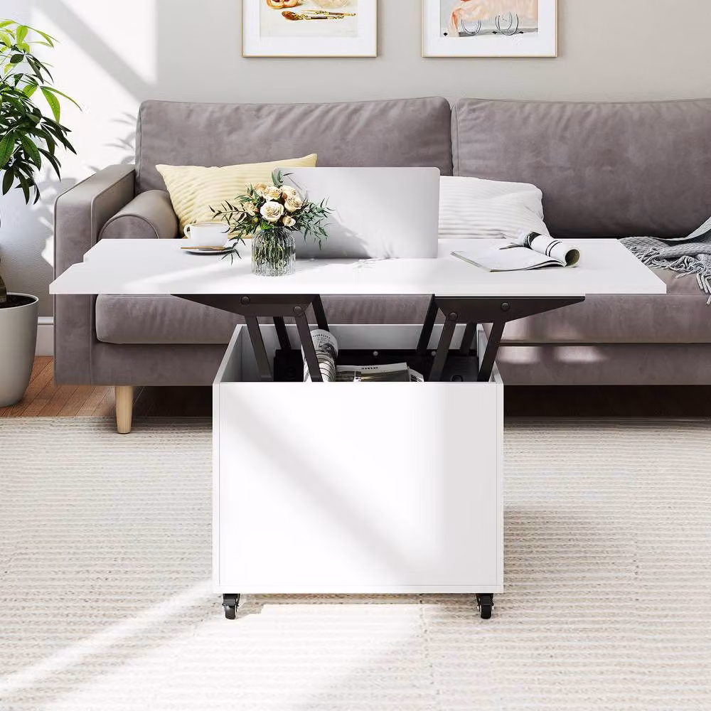Costway 3-in-1 Folding Lift Top Coffee Table with Hidden Storage in White – 4