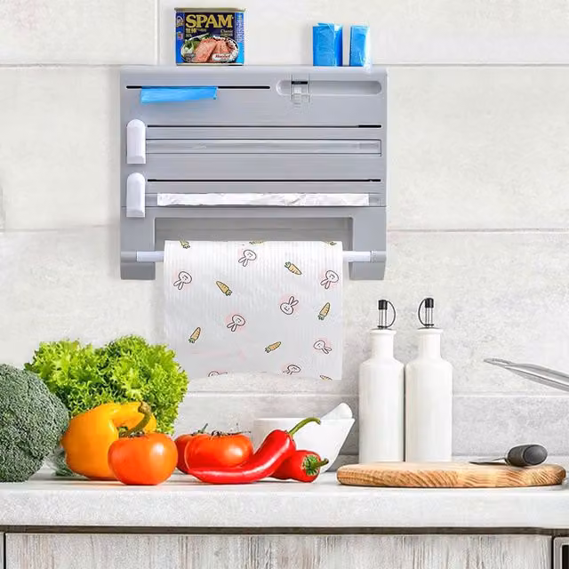 Livingandhome 6-in-1 Kitchen Wrap Dispenser with Cutters and Shelf, Grey