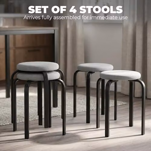 HOMCOM Set of 4 Modern Stackable Cushioned Stools in Grey – 3