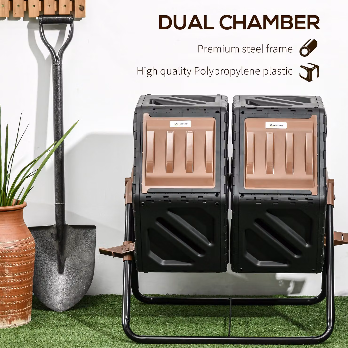Outsunny 130L Double Chamber Manual Steel Composter - Black – 6