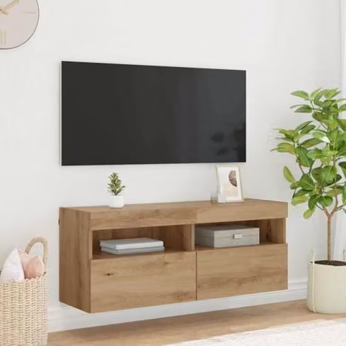 vidaXL Modern Wall-Mounted TV Cabinet in Oak Brown with Integrated Lighting and Internal Shelves, W: 100 cm, D: 30 cm, H: 40 cm – 2