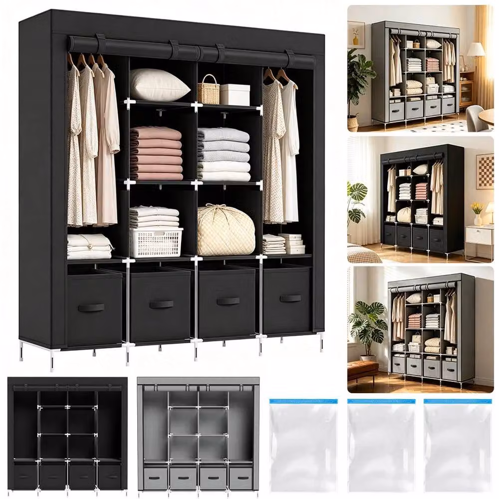 FORGEVIO Black Large Modern Freestanding Wardrobe with Roll Shutter Doors and Internal Drawers – 4