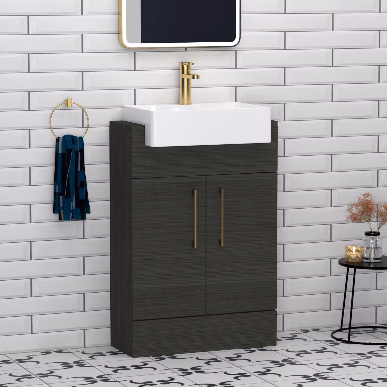 Royal Bathrooms Elena 600mm Floor Standing Vanity Unit with Semi Recessed Basin in Glossy Oak Finish