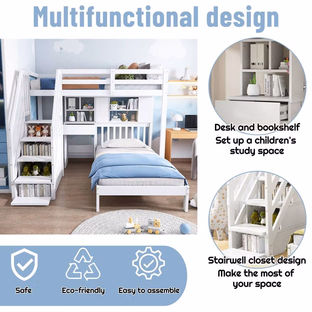 Rolipo White Pinewood House Bunk Bed with Desk, Storage and Stairs W/D/H: 90 x 190 cm – 4