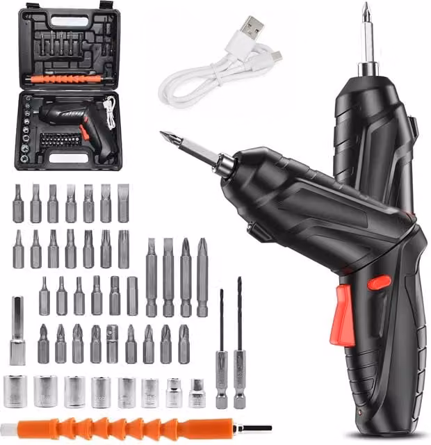 48-in-1 Cordless USB Rechargeable Electric Screwdriver Set with LED Light, Black