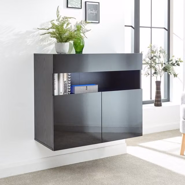 GFW Galicia Wall Mounted Modern Glossy Sideboard with Integrated LED Lighting in Black