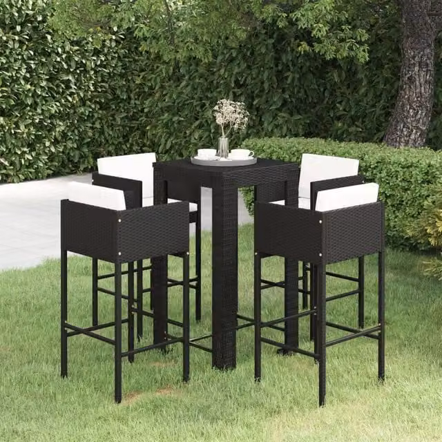 Berkfield Home 5 Piece Poly Rattan Garden Bar Set with Cushions in Black – 1