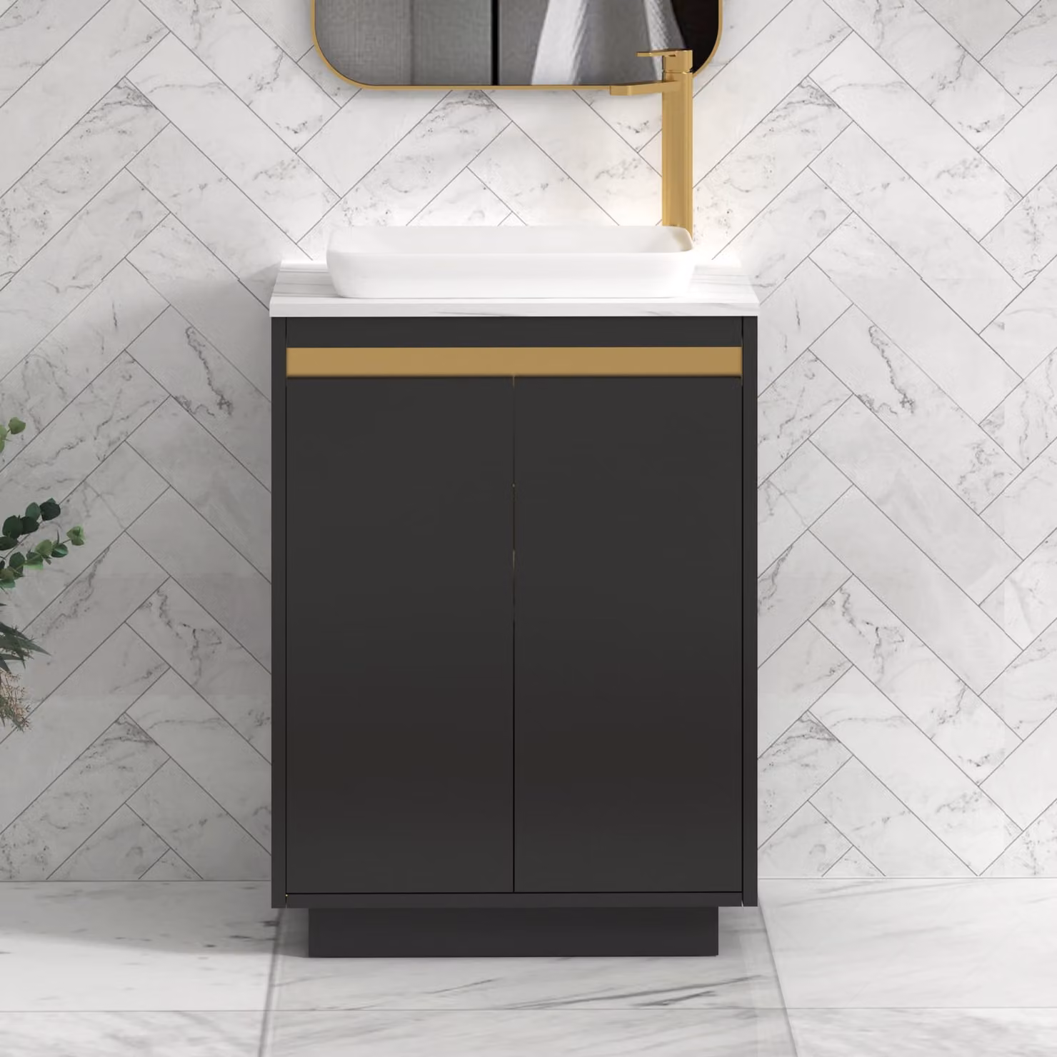 Royal Bathrooms Orion 600mm Matt Obsidian Black Floor Standing Countertop Vanity Unit with Qubix Basin and Brushed Brass Accent Trim