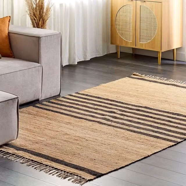 Wyld and Coco Beige Striped Braided Jute and Cotton Rectangular Rug W: 160 cm, L: 230 cm