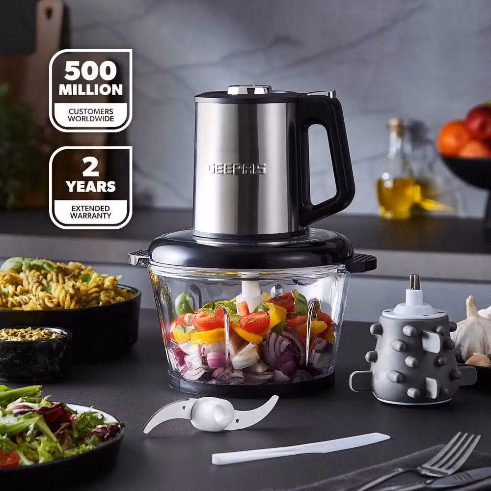 Geepas 500W Mini Food Processor and Meat Grinder with 2L Glass Jar, Multicolour – 2