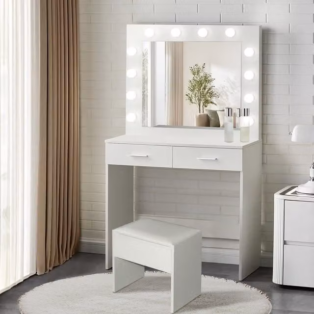 Comfy Living Modern Hollywood LED Vanity Dressing Table with 2 Drawers and Stool in White Matt