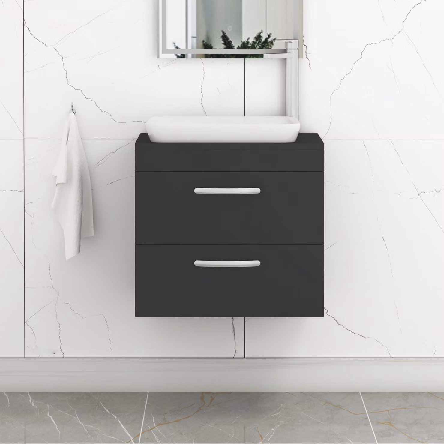 Royal Bathrooms Turin 500mm Wall Hung Vanity Unit with 2 Drawers and Countertop Basin in Matt Black with Brushed Brass Handle