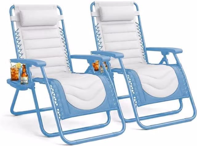 Keplin Set of 2 XXL Premium Heavy Duty Padded Zero Gravity Chairs in Blue with Adjustable Headrests and Cup Holders