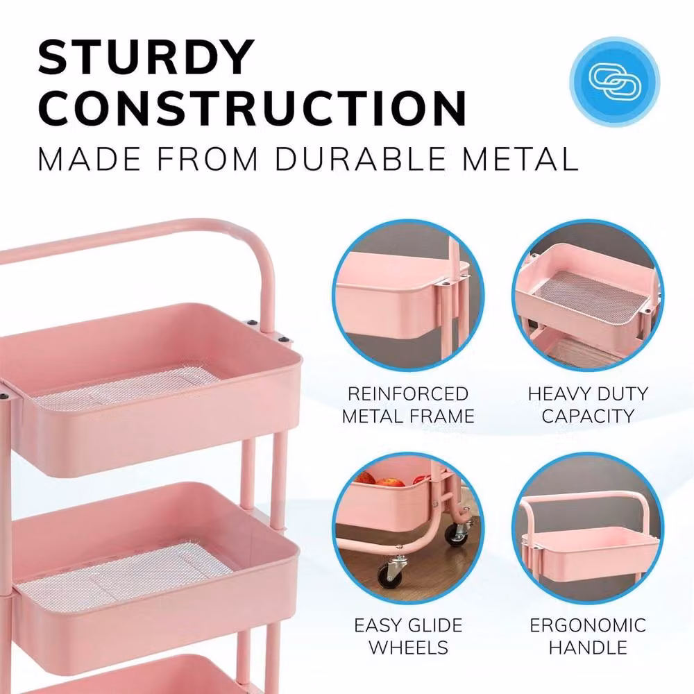 Havendro 3 Tier Metal Storage Cart on Wheels in Pink – 4